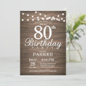 Rustic 80th Birthday Invitation String Lights Wood Kaart (Staand voorkant)