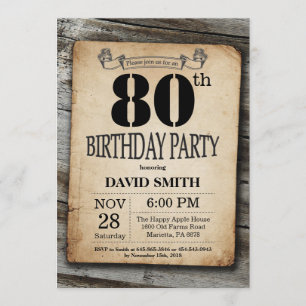 Rustic 80th Birthday Invitation Wood Kaart