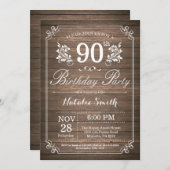 Rustic 90th Birthday Invitation Floral Kaart (Voorkant / Achterkant)