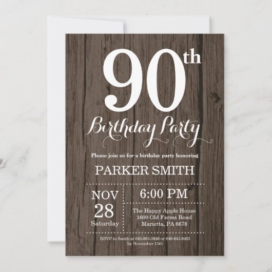 Rustic 90th Birthday Invitation Kaart (Voorkant)