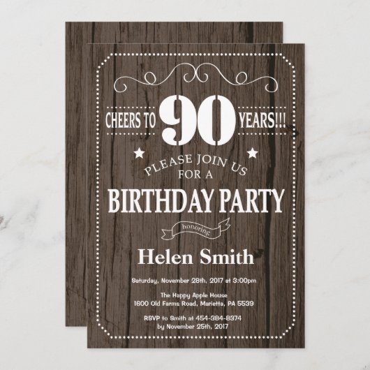 Rustic 90th Birthday Invitation Kaart (Voorkant / Achterkant)