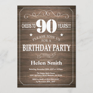 Rustic 90th Birthday Invitation  Retro Kaart