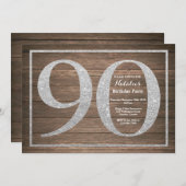 Rustic 90th Birthday Invitation Silver Glitter Kaart (Voorkant / Achterkant)