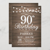 Rustic 90th Birthday Invitation String Lights Wood Kaart (Voorkant / Achterkant)