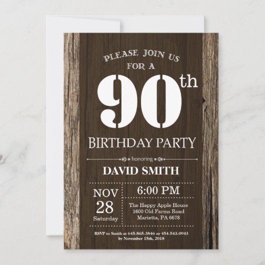 Rustic 90th Birthday Invitation Wood Kaart (Voorkant)