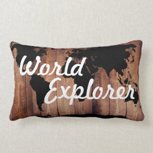 Rustic Adventure World Explorer Wereldkaart donker Kussen