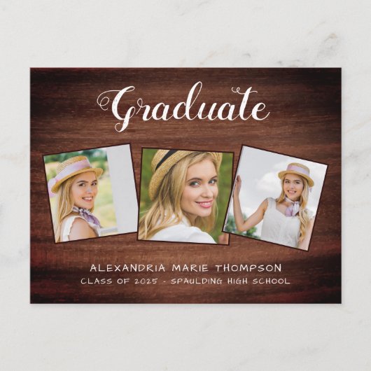 Rustic Afstuderen Custom 3 Photo Wood Afstuderen Uitnodiging Briefkaart (Voorkant)