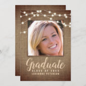 Rustic Afstuderen String Lights Brown Burlap Foto Aankondiging (Voorkant / Achterkant)