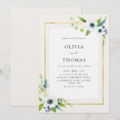 Rustic Anemone Blue Gold Floral Lijst Wedding Kaart (Voorkant / Achterkant)