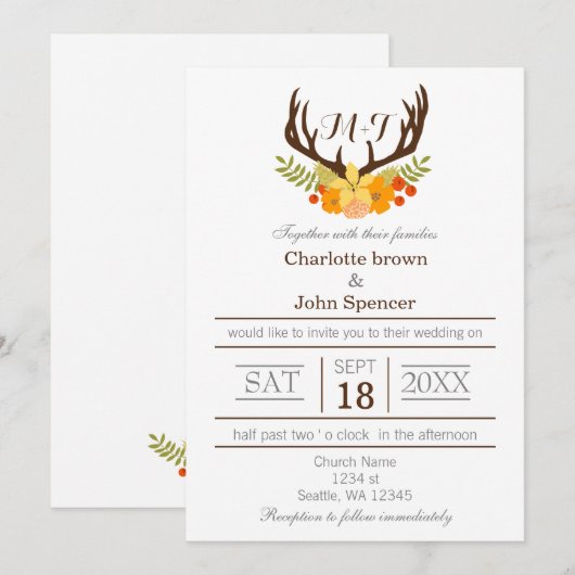 Rustic Antler Deer Floral Woodland Wedding Kaart (Voorkant / Achterkant)