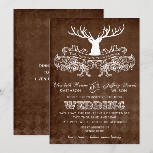 Rustic Antler Deer Winter Woodland bruiloft Kaart (Voorkant / Achterkant)