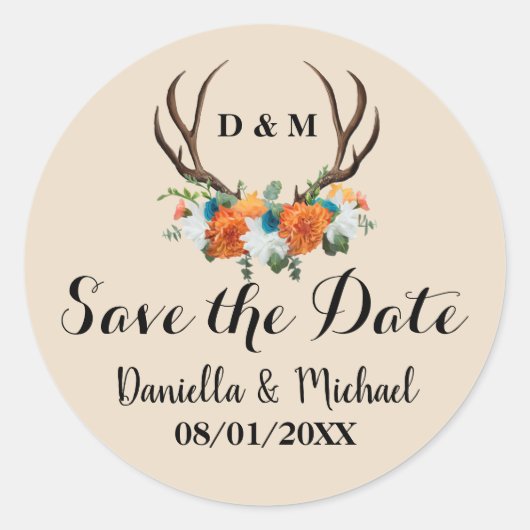 Rustic Antler Floral Wedding Save the Date Ronde Sticker (Voorkant)
