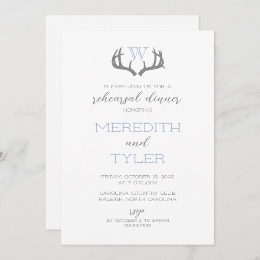 Rustic Antler Monogram Rehearsdîner Invitation (Devant / Derrière)