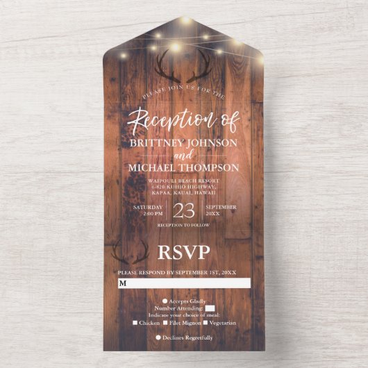 Rustic Antler String Lights Wedding Reception All In One Uitnodiging (Binnen)