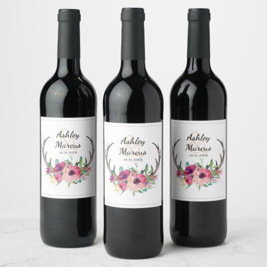 Rustic Antlers Boho Floral Allure Wijn Etiket (Flessen)