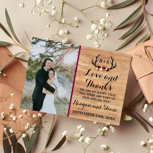 Rustic Antlers Floral Burgundy Wood Dank u Bedankkaart