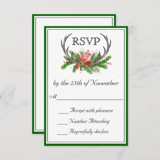 Rustic Antlers Green Edge Wedding RSVP (Devant / Derrière)