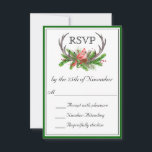Rustic Antlers Green Edge Wedding RSVP<br><div class="desc">Avec un style boho rustique enchanteur, cette carte RSVP de mariage a été conçue avec des cornes de cerfs magnifiquement ornées de verdures et de baies d'hiver et d'un cardinal rouge entouré d'une bordure vert foncé. Inscrivez la date de réponse RSVP requise à la place de l'exemple de texte affiché....</div>