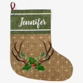 Rustic Antlers Green Holly en Red Berries Grote Kerstsok (Voorkant)