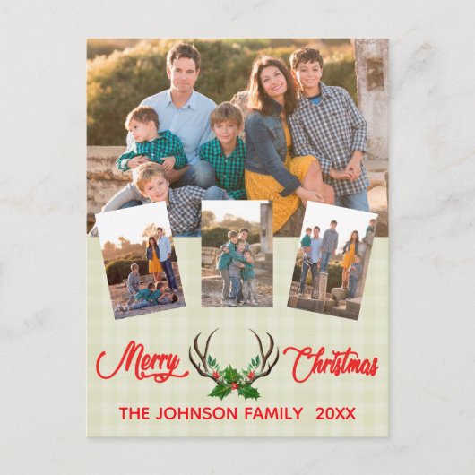 Rustic Antlers Holly Kerstfotocollage Feestdagenkaart (Voorkant)