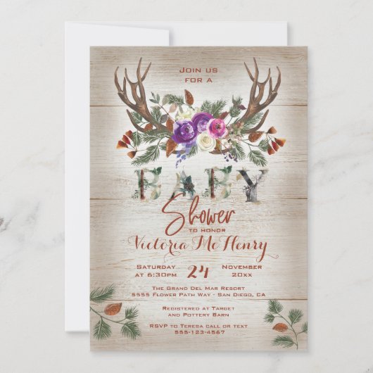 Rustic Antlers & Pine Branches Baby shower Kaart (Voorkant)
