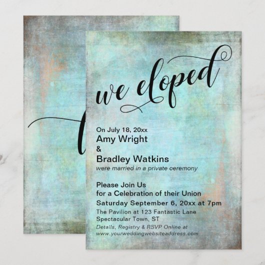 Rustic Aqua We Eloped Post Bruiloft Feestje Kaart (Voorkant / Achterkant)