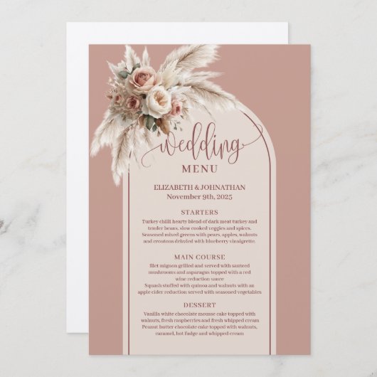 Rustic Arch Pastel Pink Pampas Floral Wedding Menu (Devant / Derrière)