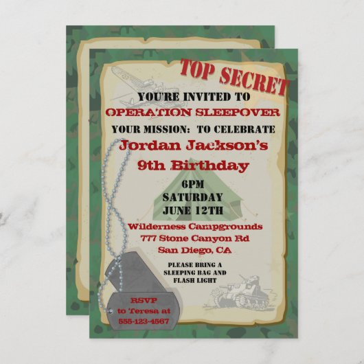Rustic Army Sleepover Party Invitation Kaart (Voorkant / Achterkant)