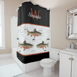 Rustic Aspen Bark Trout Fisherman Lake House Douchegordijn