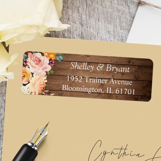 Rustic Autumn Burgundy Peach Floral Return Address Etiket