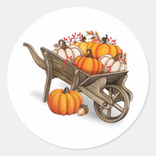 Rustic Autumn Country Wooden Wagon met pompoenen Ronde Sticker