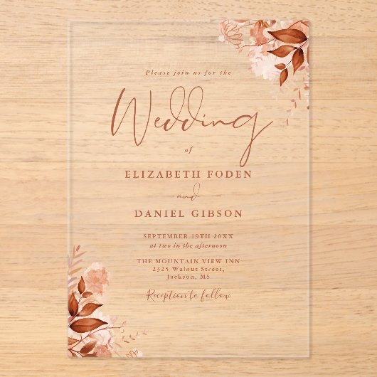Rustic Autumn Fall Floral Script Wedding Acryl Uitnodigingen (Voorkant)