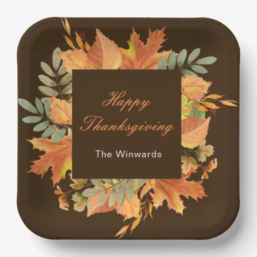 Rustic Autumn Fall Leaves Square Thanksgiving  Papieren Bordje (Voorkant)