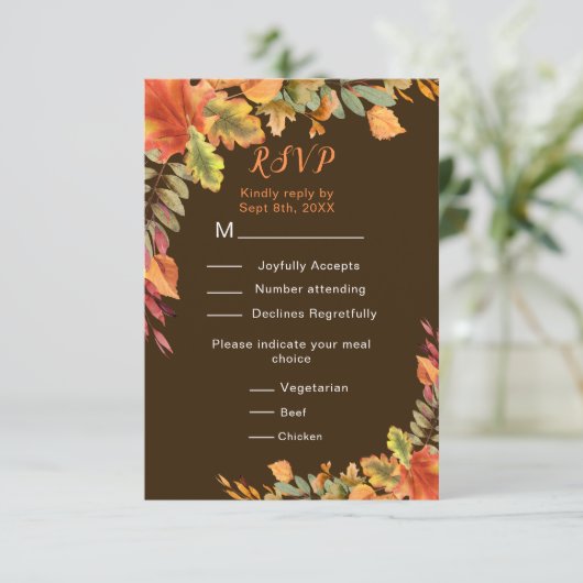 Rustic Autumn Fall Leaves Wedding Reception RSVP Kaartje (Staand voorkant)