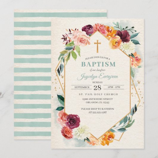Rustic Autumn Floral Baptism Invitation Kaart (Voorkant / Achterkant)