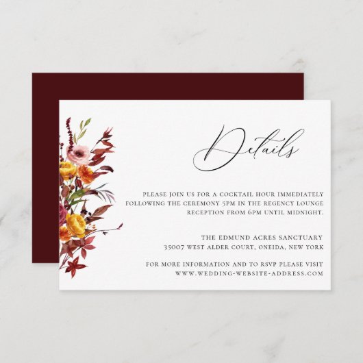 Rustic Autumn Foliage Floral Mariage Détails Carte (Devant / Derrière)