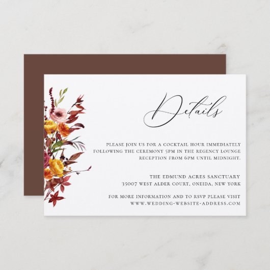 Rustic Autumn Foliage Floral Mariage Détails Carte (Devant / Derrière)