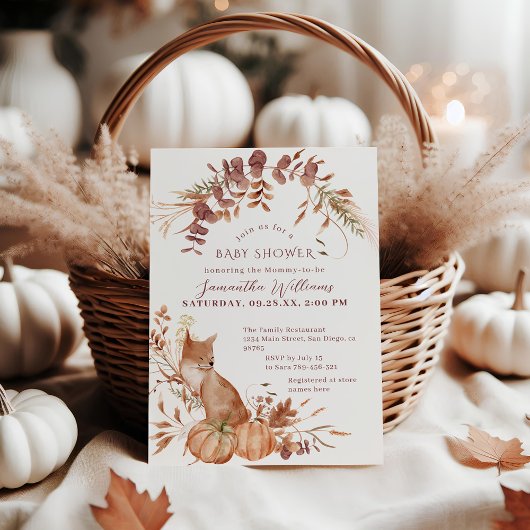 Rustic Autumn Fox Pumpkin Baby shower Kaart