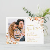 Rustic Autumn Gold Floral Foto Weddenschap uitgest Save The Date (Staand voorkant)