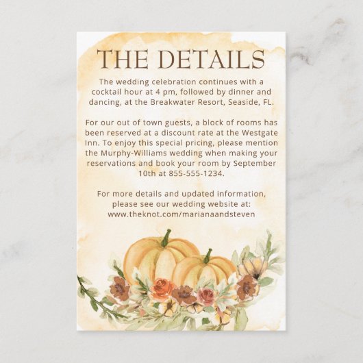 Rustic Autumn Herfst Pumpkin Details bruiloft Informatiekaartje (Voorkant)