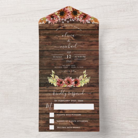 Rustic Autumn Herfst Sunflower Wedding RSVP All In One Uitnodiging (Binnen)