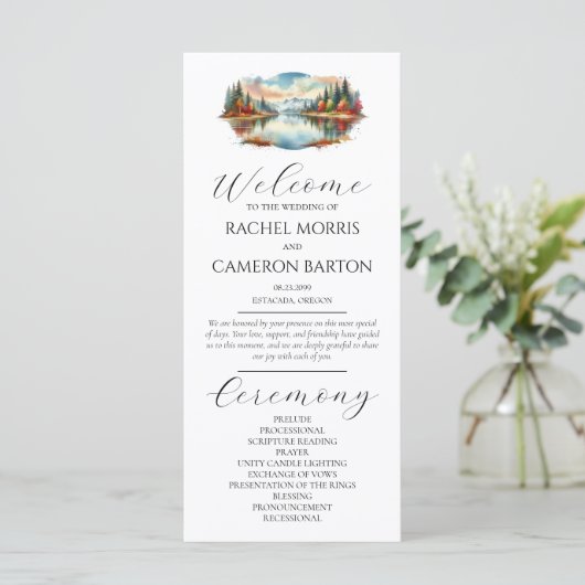 Rustic Autumn Lakeside Forest Wedding Programme (Debout devant)