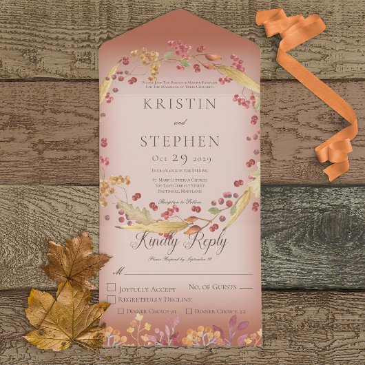 Rustic Autumn Leaf & Berry Wreath Rust Dinner All In One Uitnodiging