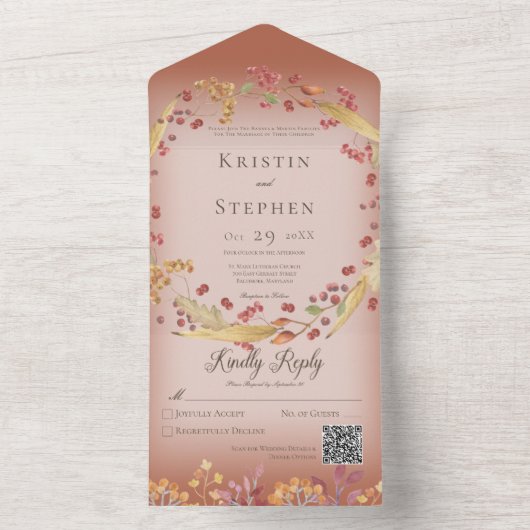 Rustic Autumn Leaf & Berry Wreath Rust QR Code All In One Uitnodiging (Binnen)