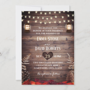 Rustic Autumn Leaves Lantern Fall Wedding Kaart