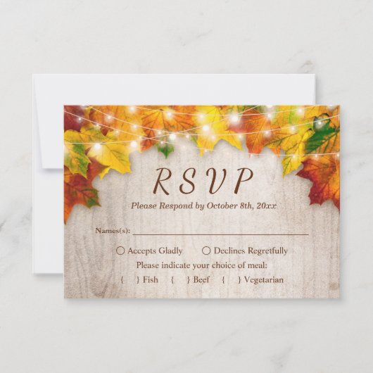 Rustic Autumn Leaves String Lights Wedding RSVP Kaartje (Voorkant)