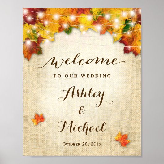 Rustic Autumn Leaves String Lights Wedding Sign Poster (Voorkant)