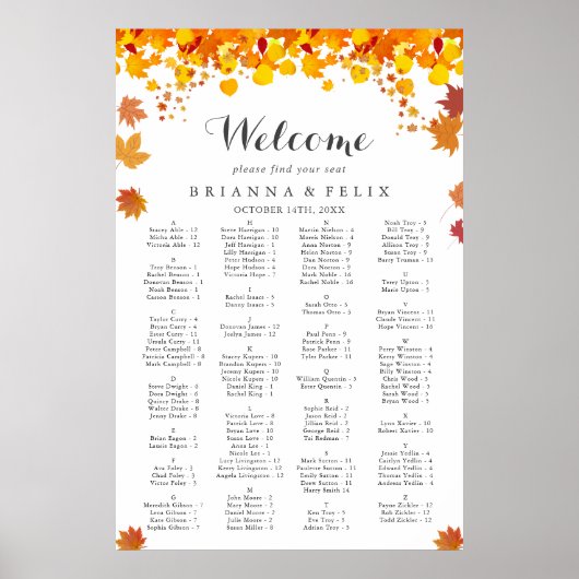 Rustic Autumn Leaves Wedding Seating Chart Poster (Voorkant)