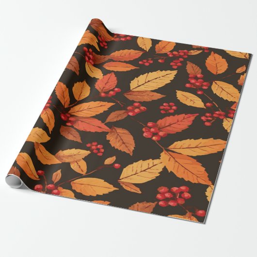 Rustic Autumn Leaves with Red Berries Pattern Cadeaupapier (Uitgerold)