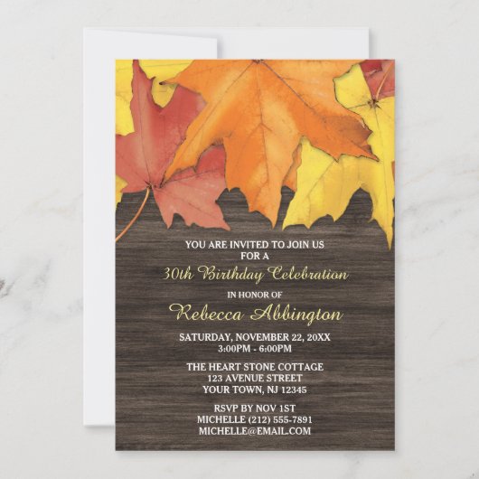 Rustic Autumn Leaves Wood Birthday Invitations Kaart (Voorkant)
